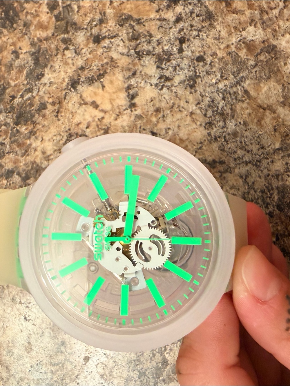 Swatch Clear Mechanical Watch with Bright Mint Green Accents